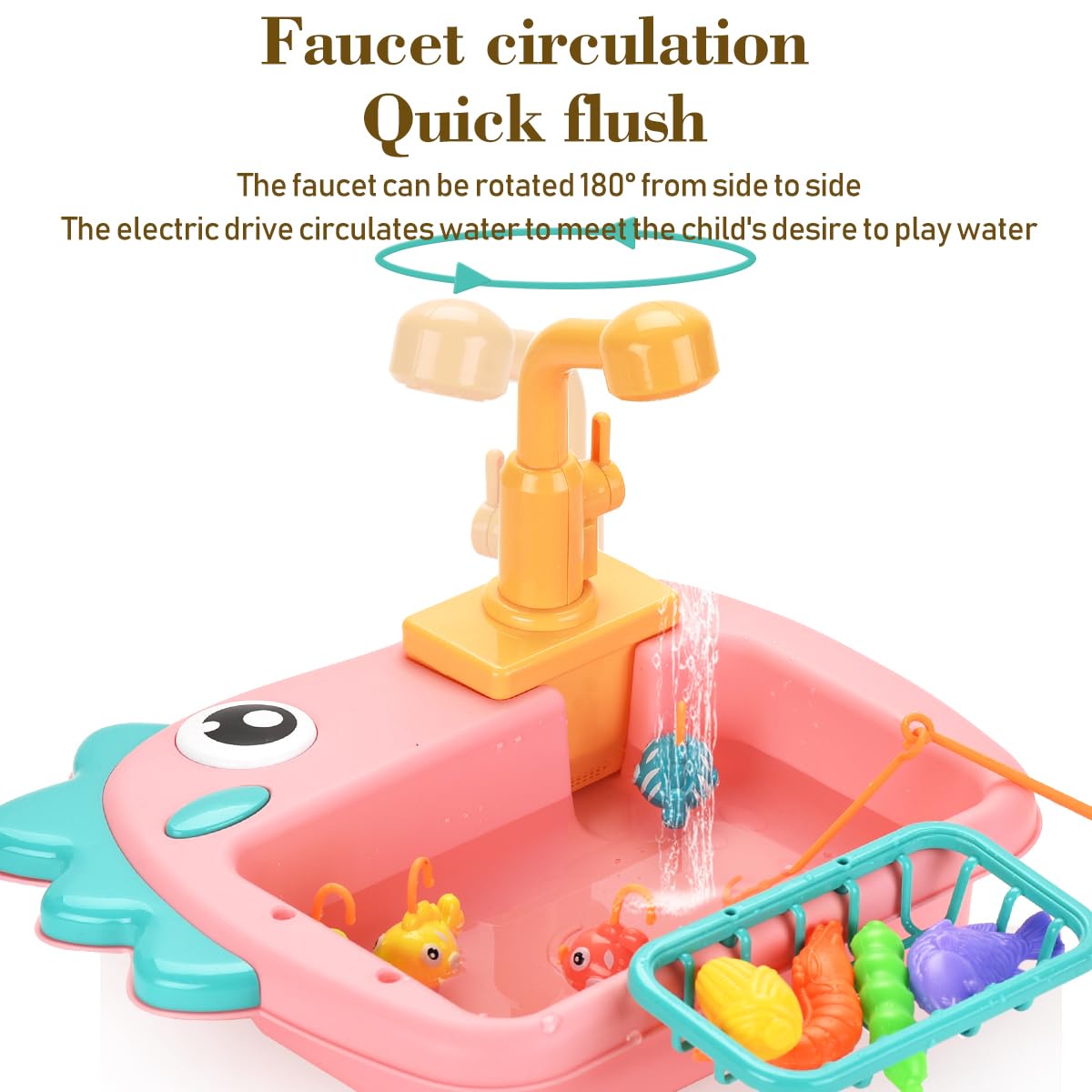 Kitchen Sink Toys with Running Water and Electric Faucet Automatic Water Cycle System，Play Kitchen Toy Accessories for Toddler,Pool Floating Fishing Toys，Pretend Role Play Toys for Boys Girls