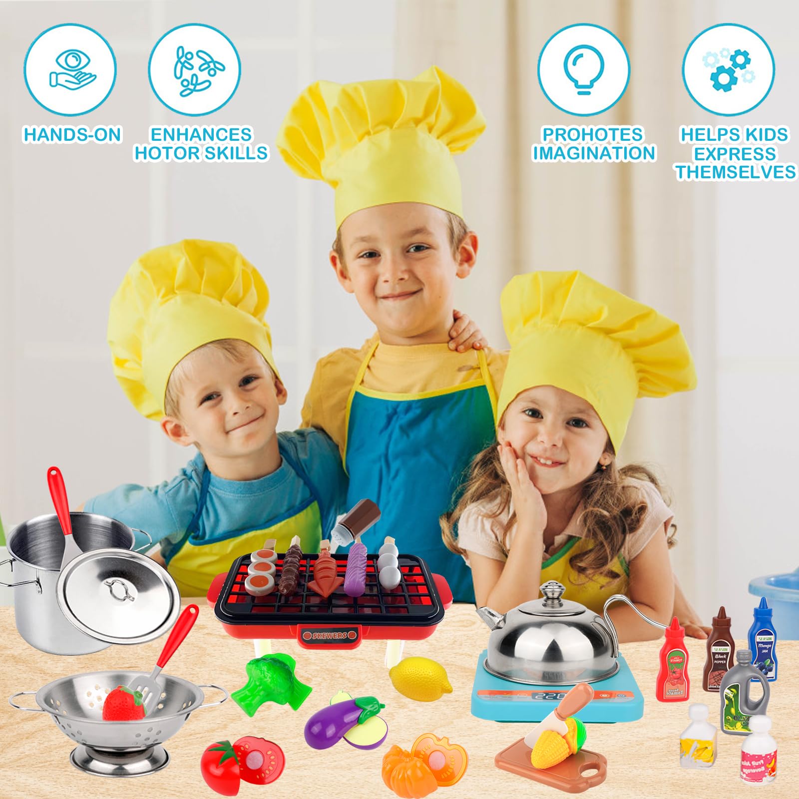 Holycco Play Kitchen Accessories, Kitchen Set for Kids with Play Pots and Pans, BBQ Camping Kitchen Playset, Pretend Kids Kitchen Accessories Toy Gifts for Girls, Grill Playset Toys for Boys Girls