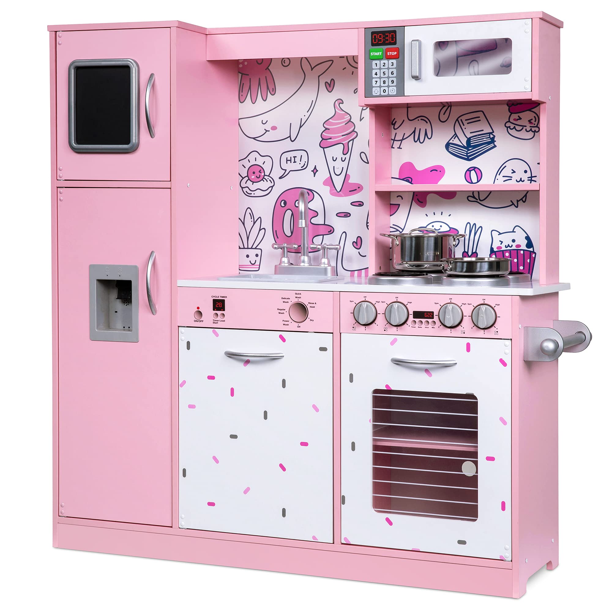 Lil' Jumbl Kids Kitchen Set, Pretend Wooden Play Kitchen, Battery Operated Icemaker & Microwave with Realistic Sound, Pots & Pan Included - Pink