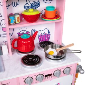 Lil' Jumbl Kids Kitchen Set, Pretend Wooden Play Kitchen, Battery Operated Icemaker & Microwave with Realistic Sound, Pots & Pan Included - Pink