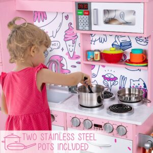 Lil' Jumbl Kids Kitchen Set, Pretend Wooden Play Kitchen, Battery Operated Icemaker & Microwave with Realistic Sound, Pots & Pan Included - Pink