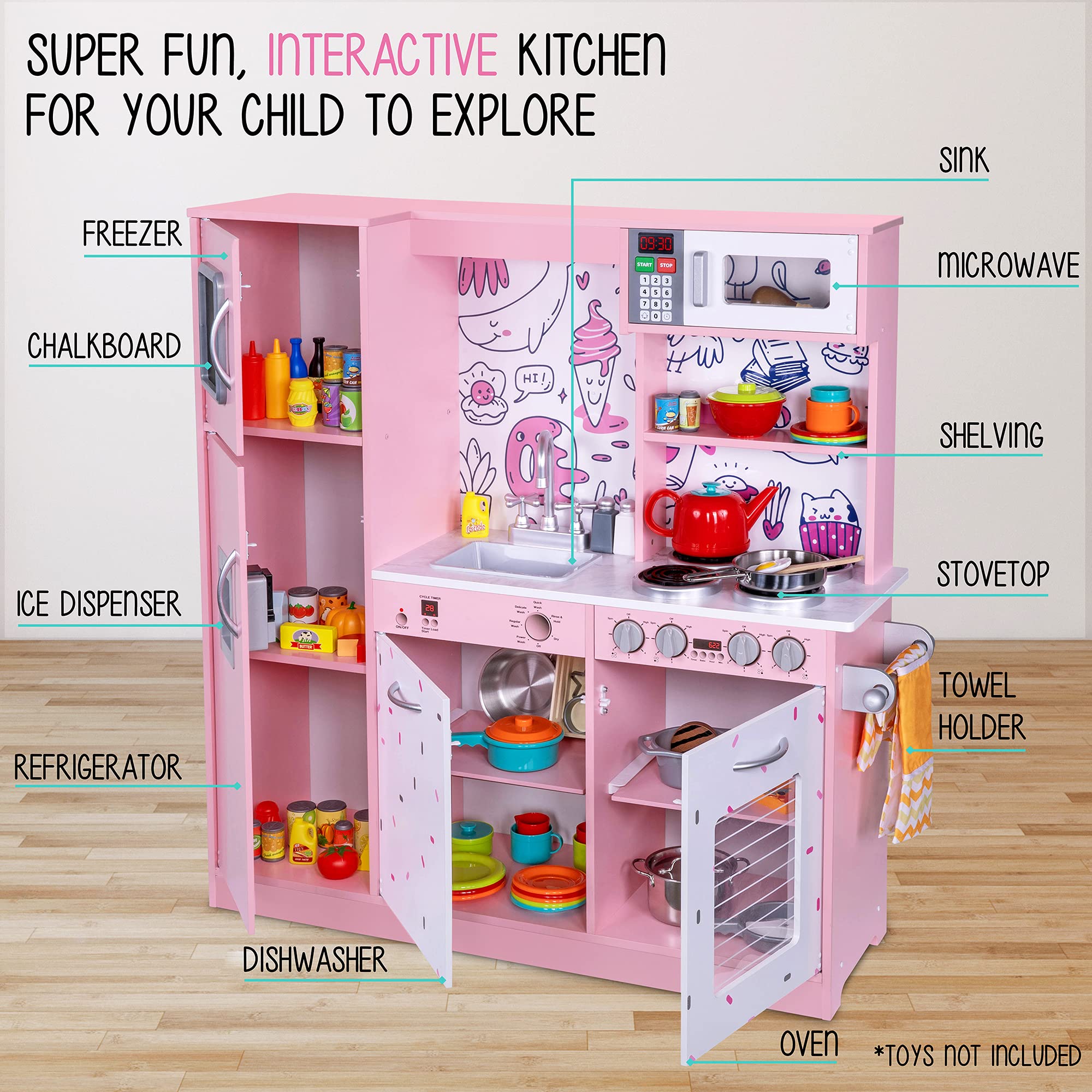 Lil' Jumbl Kids Kitchen Set, Pretend Wooden Play Kitchen, Battery Operated Icemaker & Microwave with Realistic Sound, Pots & Pan Included - Pink