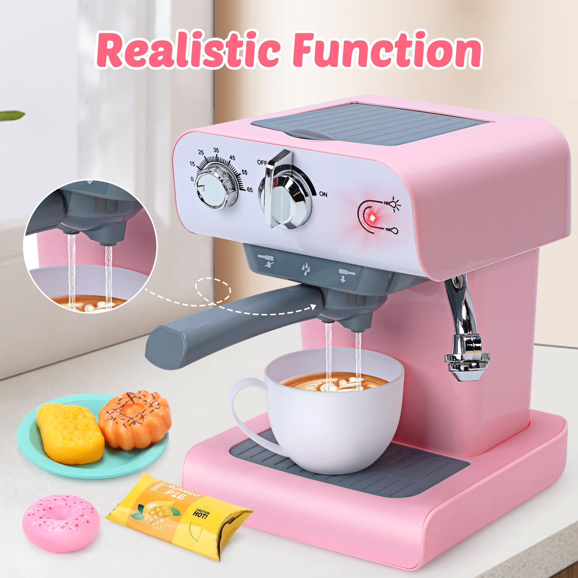 CUTE STONE Toy Coffee Set , Kids Coffee Maker Toy with Sound & Light, Realistic Steam, Play Kitchen Set with Play Food, Toddler Play Kitchen Accessories Gift for Girls and Boys