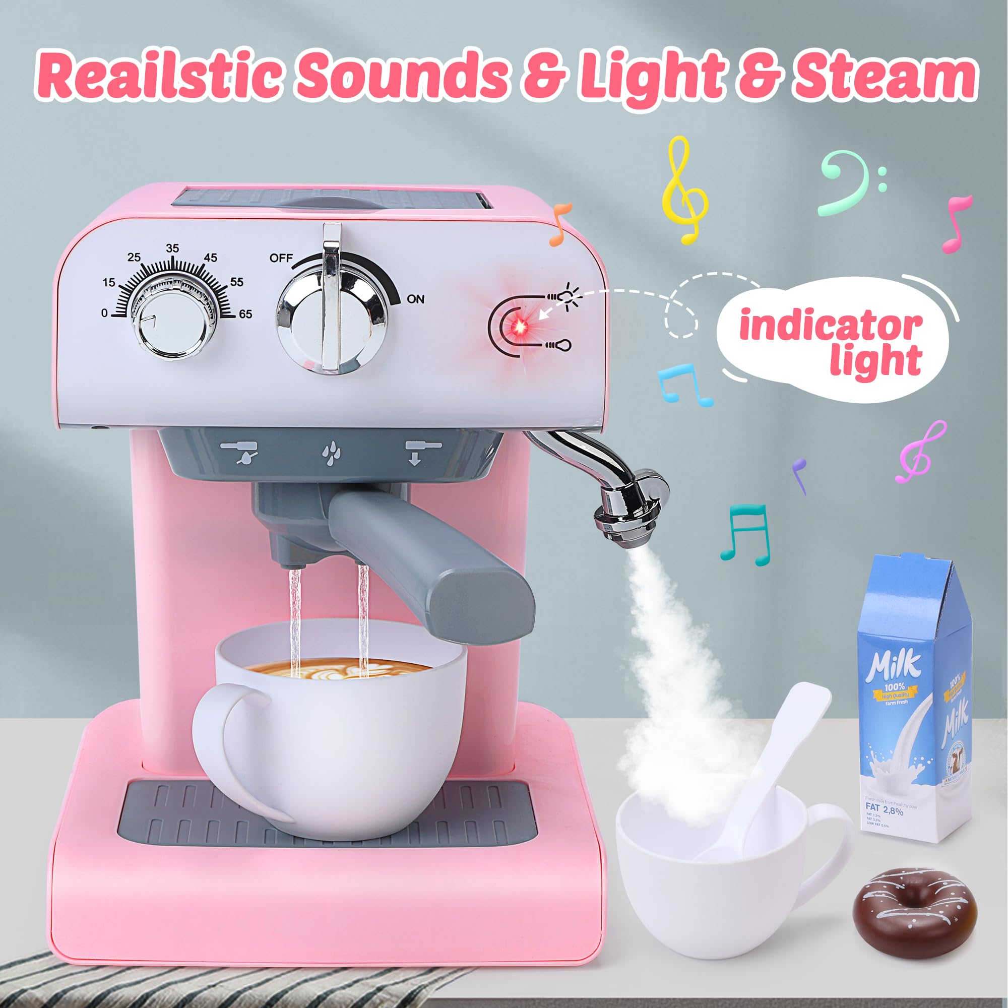 CUTE STONE Toy Coffee Set , Kids Coffee Maker Toy with Sound & Light, Realistic Steam, Play Kitchen Set with Play Food, Toddler Play Kitchen Accessories Gift for Girls and Boys