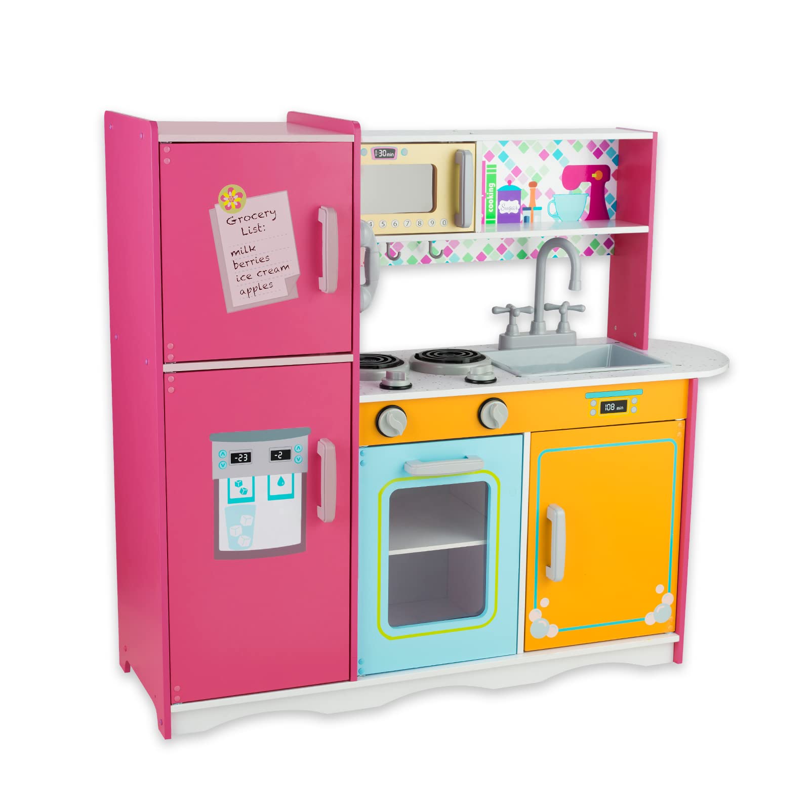 WoodenEdu Kitchen Playset for Kids Ages 3-8, Wooden Pretend Play Kitchen, Including Telephone, Ice Maker, Refrigerator, Dimensions: 35” H x 31” W x 12” D (Colorful)