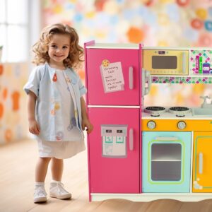 WoodenEdu Kitchen Playset for Kids Ages 3-8, Wooden Pretend Play Kitchen, Including Telephone, Ice Maker, Refrigerator, Dimensions: 35” H x 31” W x 12” D (Colorful)