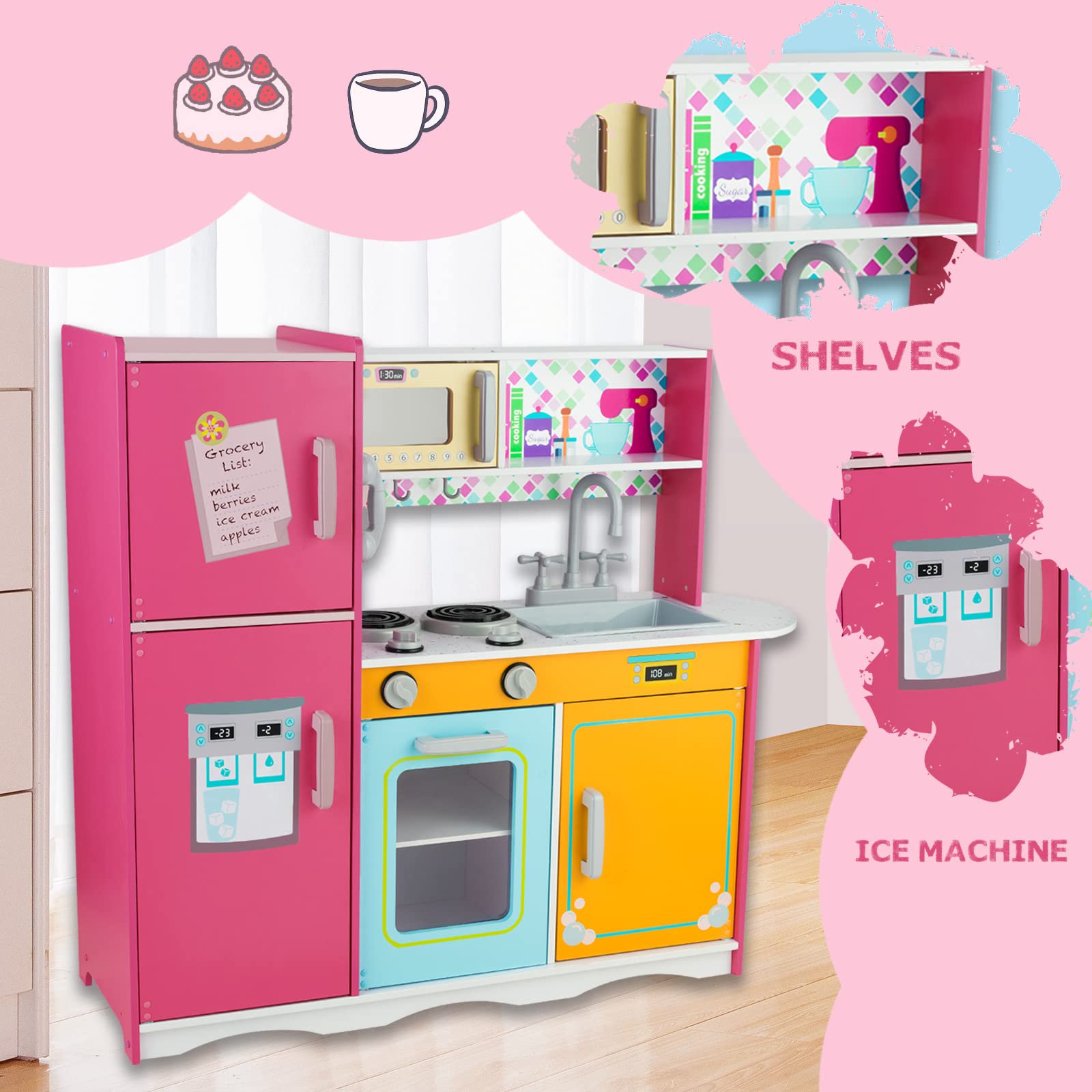 WoodenEdu Kitchen Playset for Kids Ages 3-8, Wooden Pretend Play Kitchen, Including Telephone, Ice Maker, Refrigerator, Dimensions: 35” H x 31” W x 12” D (Colorful)