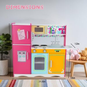 WoodenEdu Kitchen Playset for Kids Ages 3-8, Wooden Pretend Play Kitchen, Including Telephone, Ice Maker, Refrigerator, Dimensions: 35” H x 31” W x 12” D (Colorful)