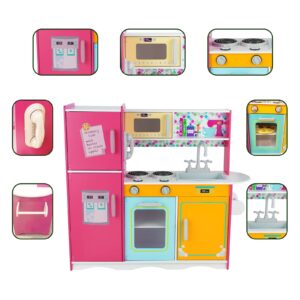 WoodenEdu Kitchen Playset for Kids Ages 3-8, Wooden Pretend Play Kitchen, Including Telephone, Ice Maker, Refrigerator, Dimensions: 35” H x 31” W x 12” D (Colorful)