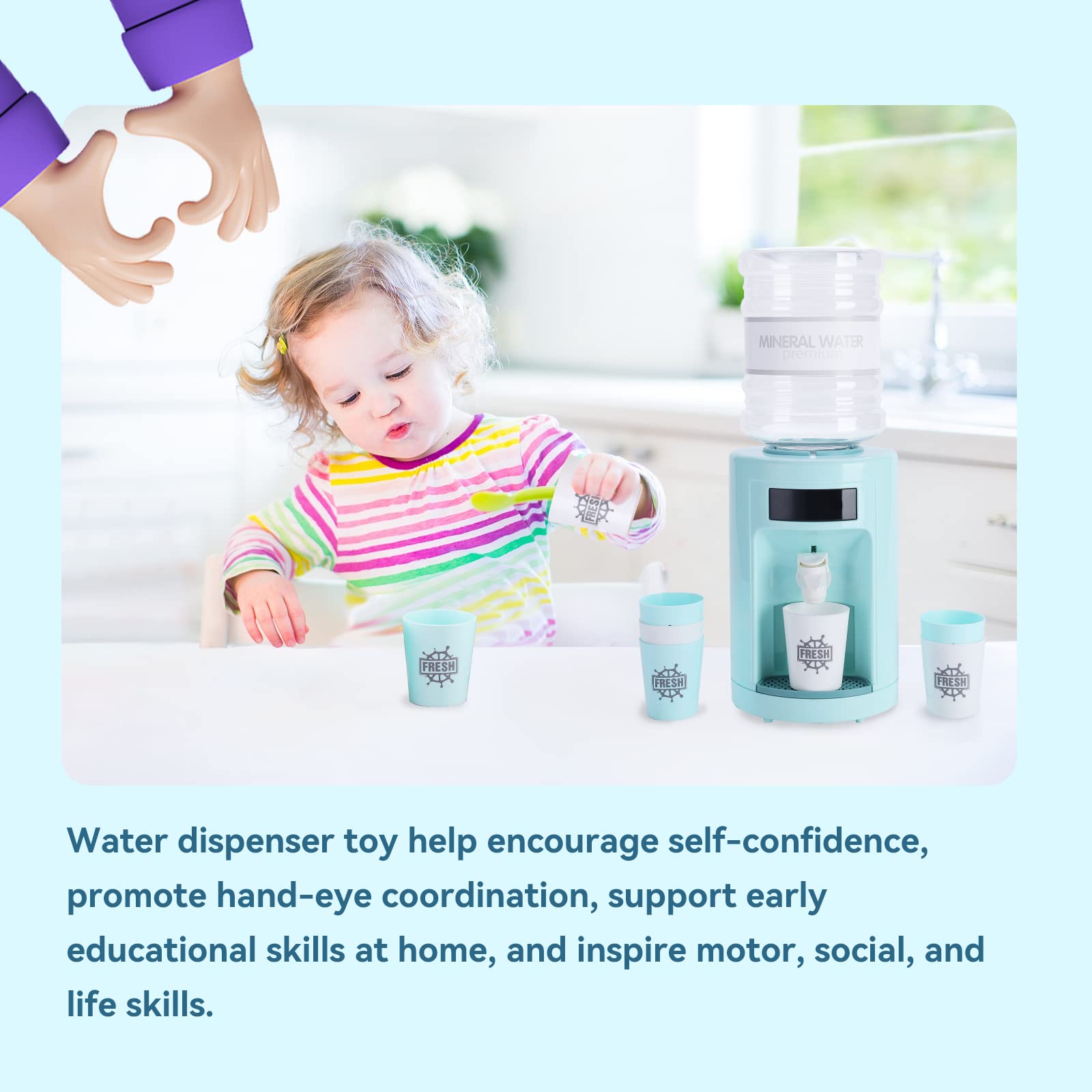 Mini Water Dispenser,Pretend Play Kitchen Playsets Kids Water Dispenser, Play Kitchen with Lights and Sounds Small Water Dispenser Age 3+