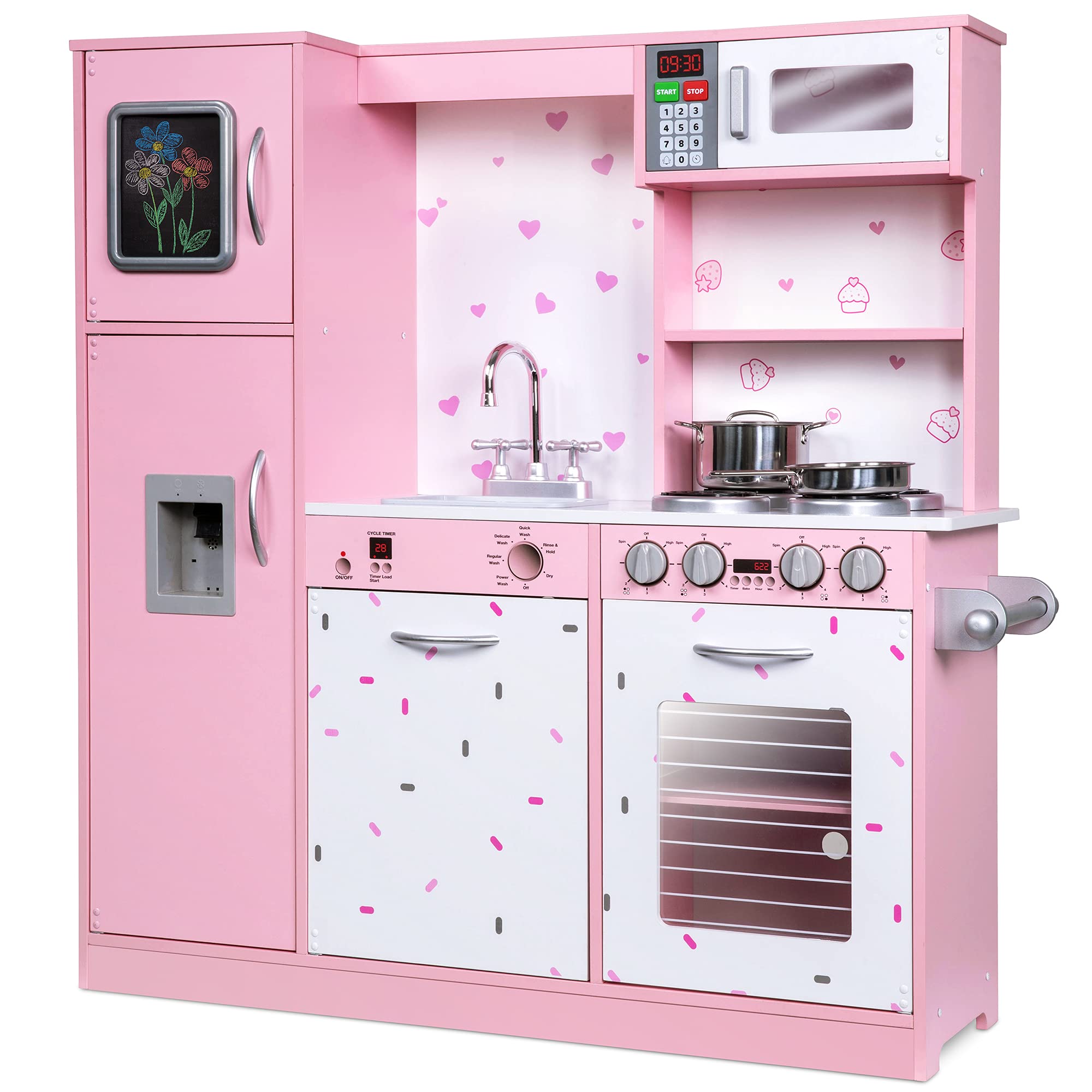 Lil' Jumbl Kids Kitchen Set, Pretend Wooden Play Kitchen, Battery Operated Icemaker & Microwave with Realistic Sound, Pots & Pan Included - Pink