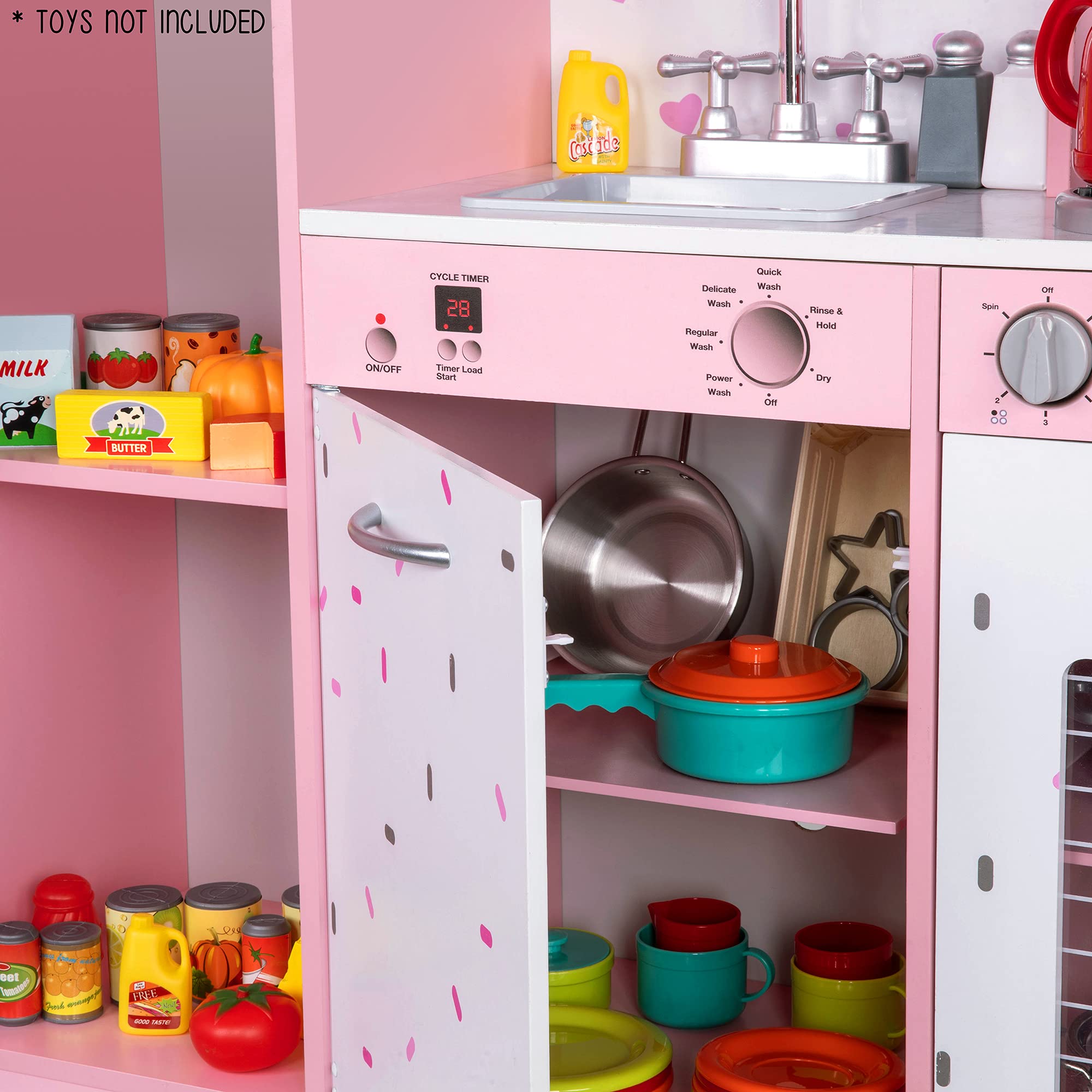 Lil' Jumbl Kids Kitchen Set, Pretend Wooden Play Kitchen, Battery Operated Icemaker & Microwave with Realistic Sound, Pots & Pan Included - Pink