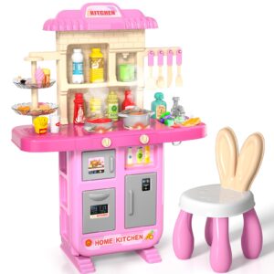 Kids Play Kitchen Playset for Toddlers Girls, Toy Kitchen Sets Pretend Play Food Toy with Chair for Girls Kids Ages 3-8, with Light Sound Spray