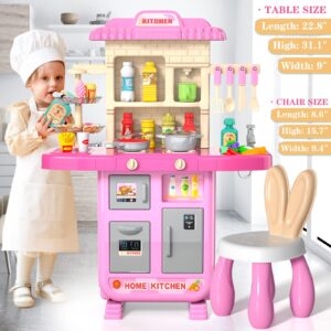 Kids Play Kitchen Playset for Toddlers Girls, Toy Kitchen Sets Pretend Play Food Toy with Chair for Girls Kids Ages 3-8, with Light Sound Spray