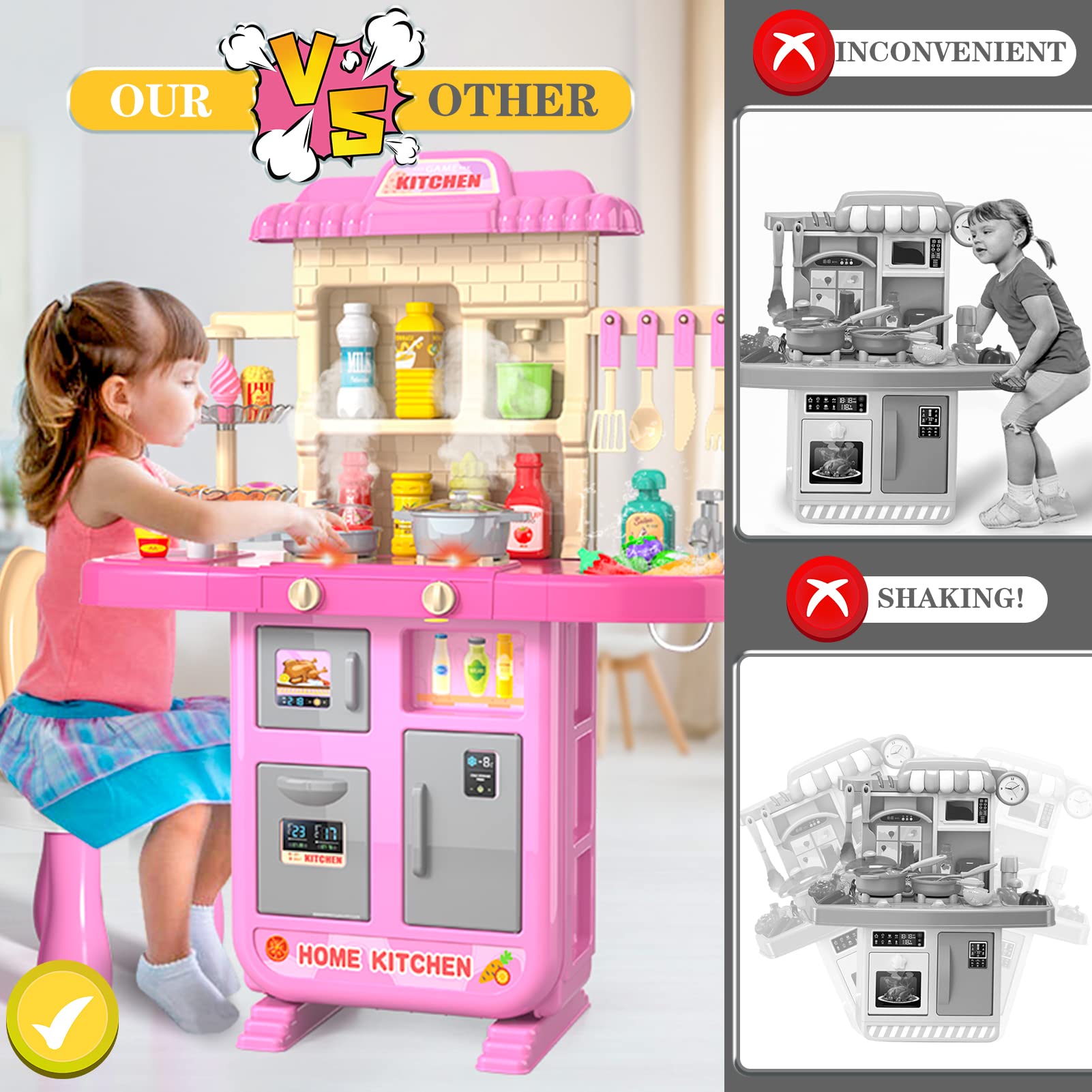 Kids Play Kitchen Playset for Toddlers Girls, Toy Kitchen Sets Pretend Play Food Toy with Chair for Girls Kids Ages 3-8, with Light Sound Spray