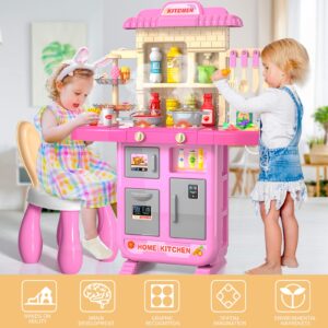 Kids Play Kitchen Playset for Toddlers Girls, Toy Kitchen Sets Pretend Play Food Toy with Chair for Girls Kids Ages 3-8, with Light Sound Spray