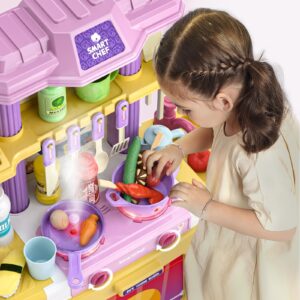 SmartChef Kids Kitchen Playset, 48PCS Kitchen Accessories Toys, Pink Play Kitchen, with Realistic Design, Sound, Lights & Smoke, Pretend Kitchen Toy Set Gifts for 3 4 5 6 7 8+ Year Old Girls & Boys
