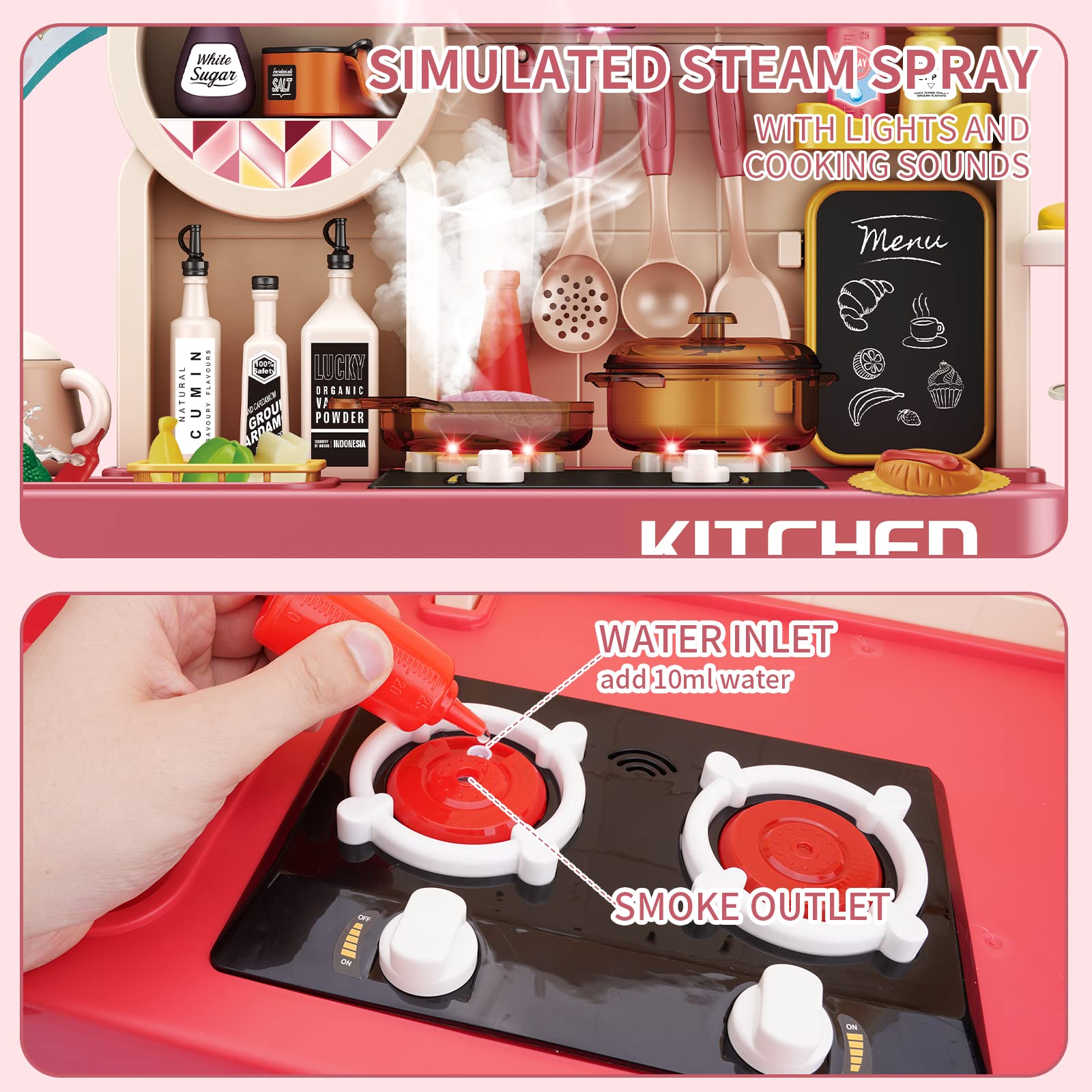 LZZAPJ Kids Play Kitchen Playset, Toy Kitchen with Real Lights and Music,Pretend Steam and Play Sink, Kitchen Accessories Set for Kid, Toddler Birthday for Boy Girls(Red)