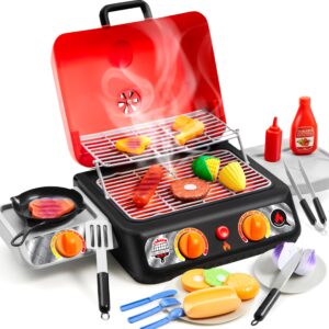 extra large 2-layer bbq grill playset with pretend smoke, light, sound & color-changing food, kitchen toy set,pretend bbq grill toy set for kids (25x13x12 inch)