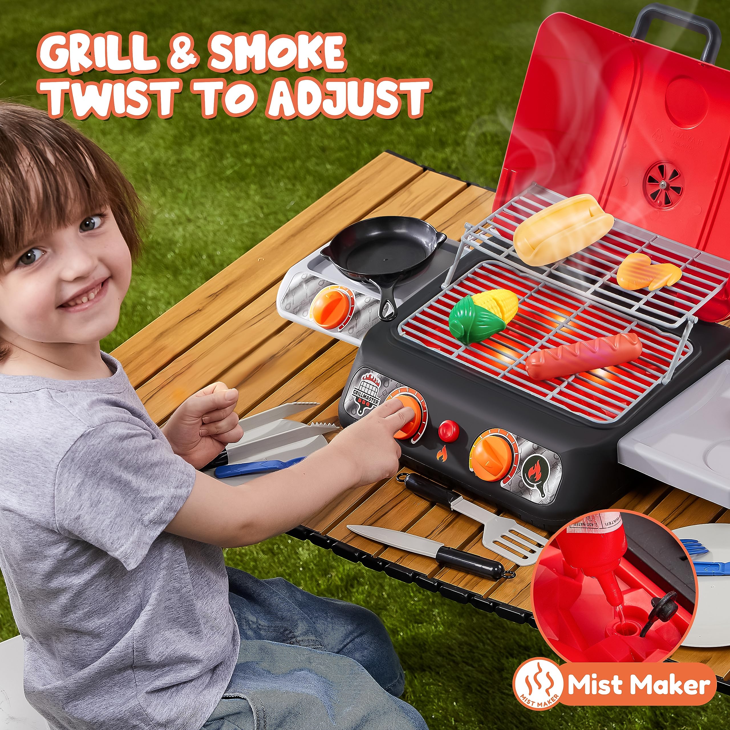 Extra Large 2-Layer BBQ Grill Playset with Pretend Smoke, Light, Sound & Color-Changing Food, Kitchen Toy Set,Pretend BBQ Grill Toy Set for Kids (25X13X12 Inch)