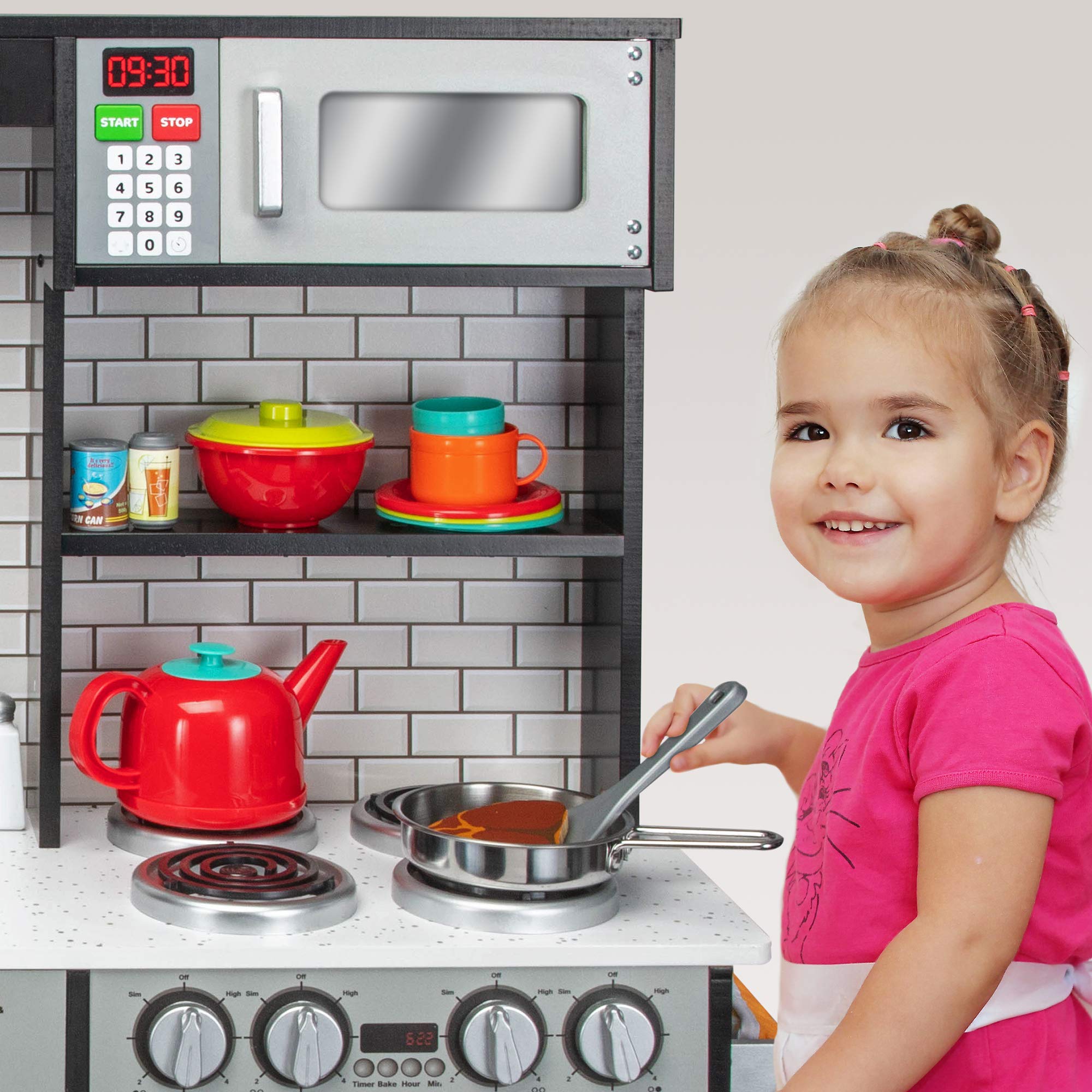 Lil' Jumbl Kids Kitchen Set, Pretend Wooden Play Kitchen, Battery Operated Icemaker & Microwave with Realistic Sound, Pots & Pan Included - Charcoal