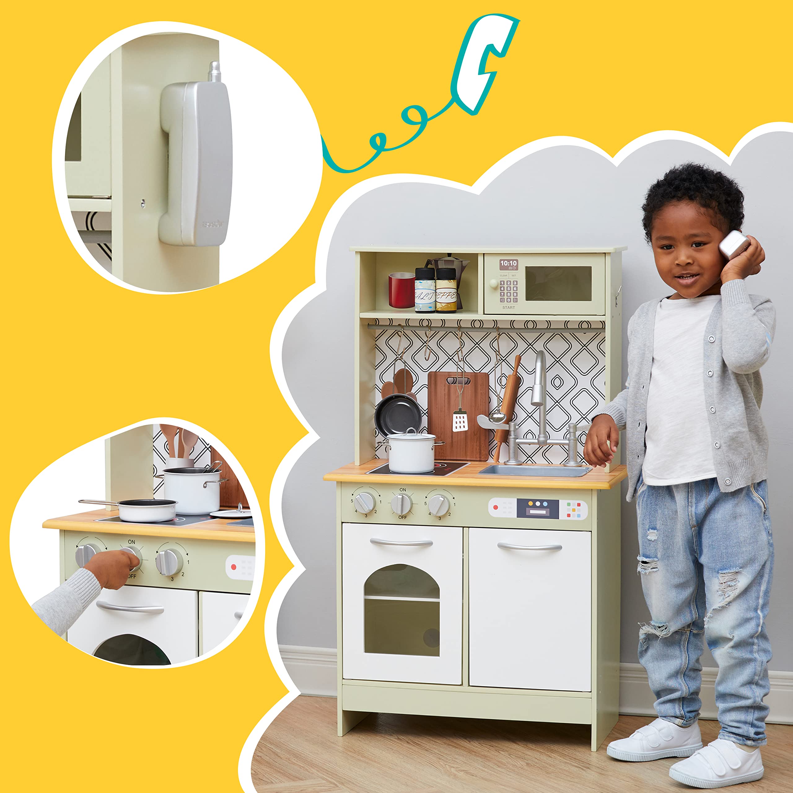 Teamson Kids - Little Chef Boston Modern Play Kitchen - Olive Green/White 22.25 x 12 x 37.5 inches