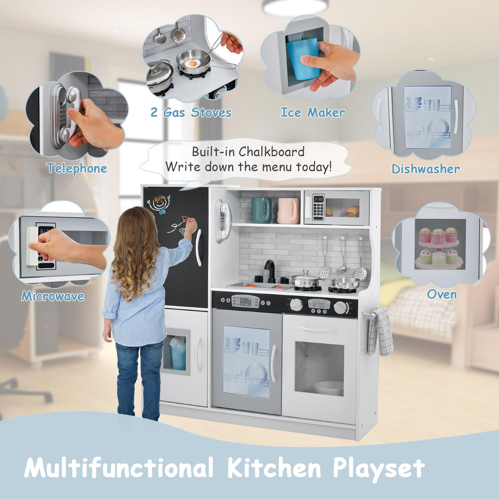 HONEY JOY Kids Kitchen Playset, Wooden Little Chef Pretend Toy Kitchen Set w/Chalkboard, Telephone, Utensils, Oven, Microwave, Sink, Storage, Play Kitchen for Toddlers, Gift for Boys Girls, White