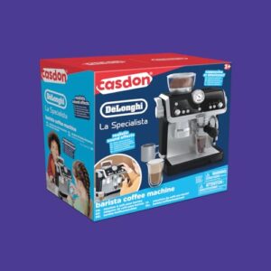 Casdon De'Longhi Toys Barista Coffee Machine. Toy Kitchen Playset for Kids with Moving Parts, Realistic Sounds and Magic Coffee Reveal. For Children Aged 3+, Silver, Black