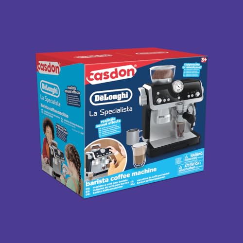 Casdon De'Longhi Toys Barista Coffee Machine. Toy Kitchen Playset for Kids with Moving Parts, Realistic Sounds and Magic Coffee Reveal. For Children Aged 3+, Silver, Black