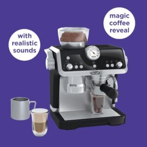 Casdon De'Longhi Toys Barista Coffee Machine. Toy Kitchen Playset for Kids with Moving Parts, Realistic Sounds and Magic Coffee Reveal. For Children Aged 3+, Silver, Black