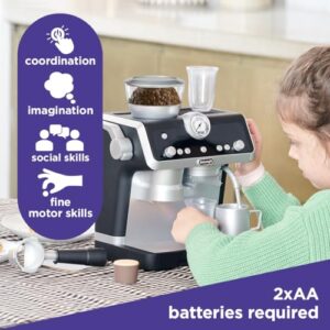 Casdon De'Longhi Toys Barista Coffee Machine. Toy Kitchen Playset for Kids with Moving Parts, Realistic Sounds and Magic Coffee Reveal. For Children Aged 3+, Silver, Black