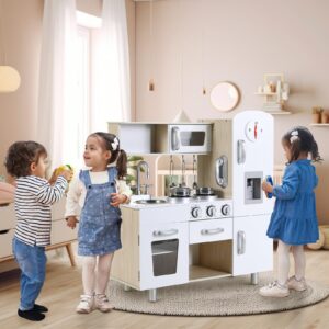 Arlopu Preschool Kitchen Sets, Wooden Pretend Cooking Playset, Toddler Small Pretend Cooking Set with Telephone, Stove, Microwave, Water Dispenser, Shelf, Cabinets Kids Kitchen