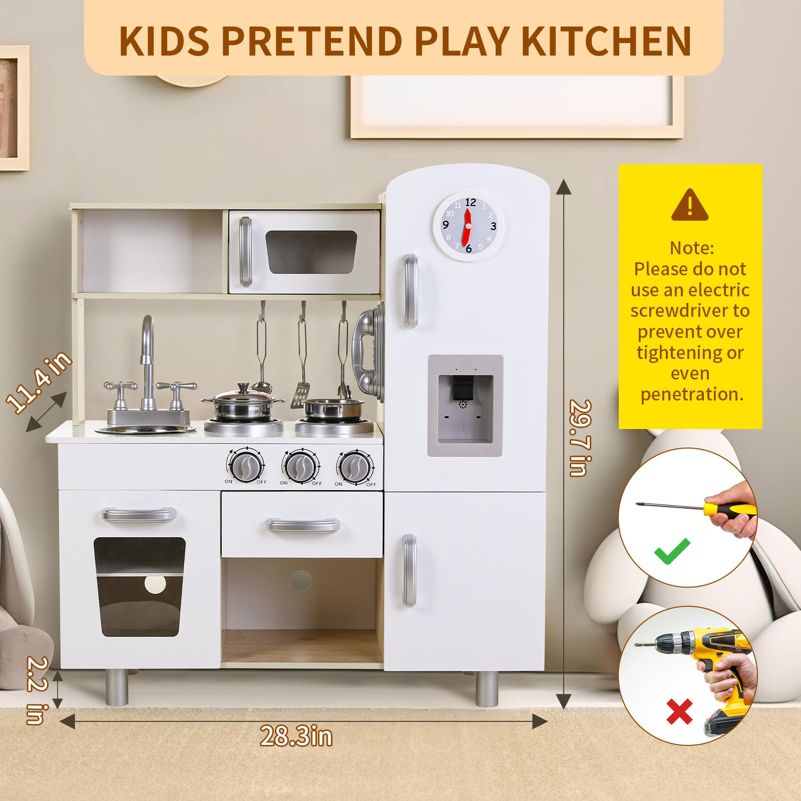 Arlopu Preschool Kitchen Sets, Wooden Pretend Cooking Playset, Toddler Small Pretend Cooking Set with Telephone, Stove, Microwave, Water Dispenser, Shelf, Cabinets Kids Kitchen