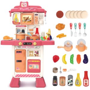 deao kids kitchen playset toy with sounds and lights, role playing game pretend food and cooking playset for kids,35 pcs kitchen accessories set for 3 4 5 years old girls boys