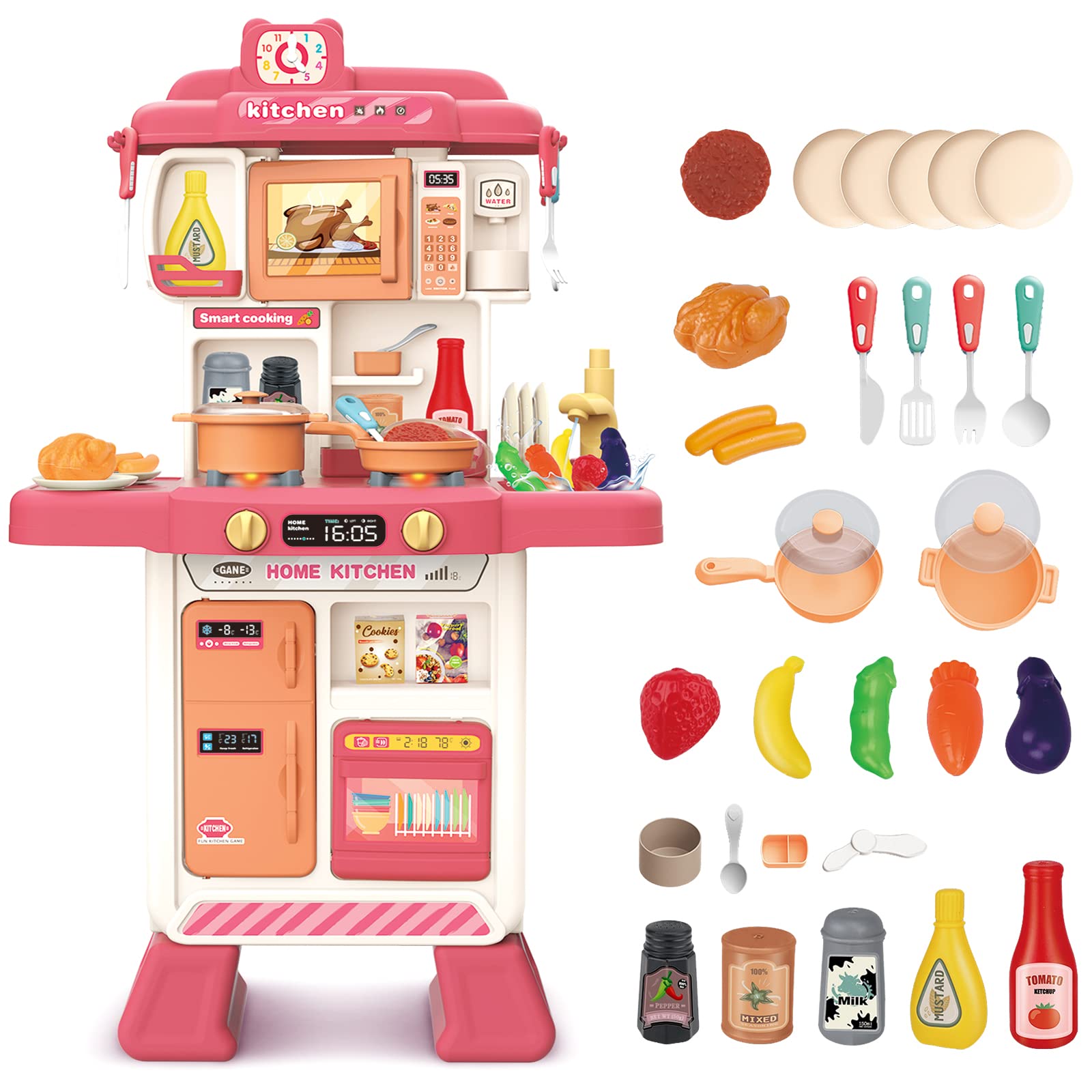 deAO Kids Kitchen Playset Toy with Sounds and Lights, Role Playing Game Pretend Food and Cooking Playset for Kids,35 PCS Kitchen Accessories Set for 3 4 5 Years Old Girls Boys