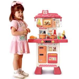 deAO Kids Kitchen Playset Toy with Sounds and Lights, Role Playing Game Pretend Food and Cooking Playset for Kids,35 PCS Kitchen Accessories Set for 3 4 5 Years Old Girls Boys