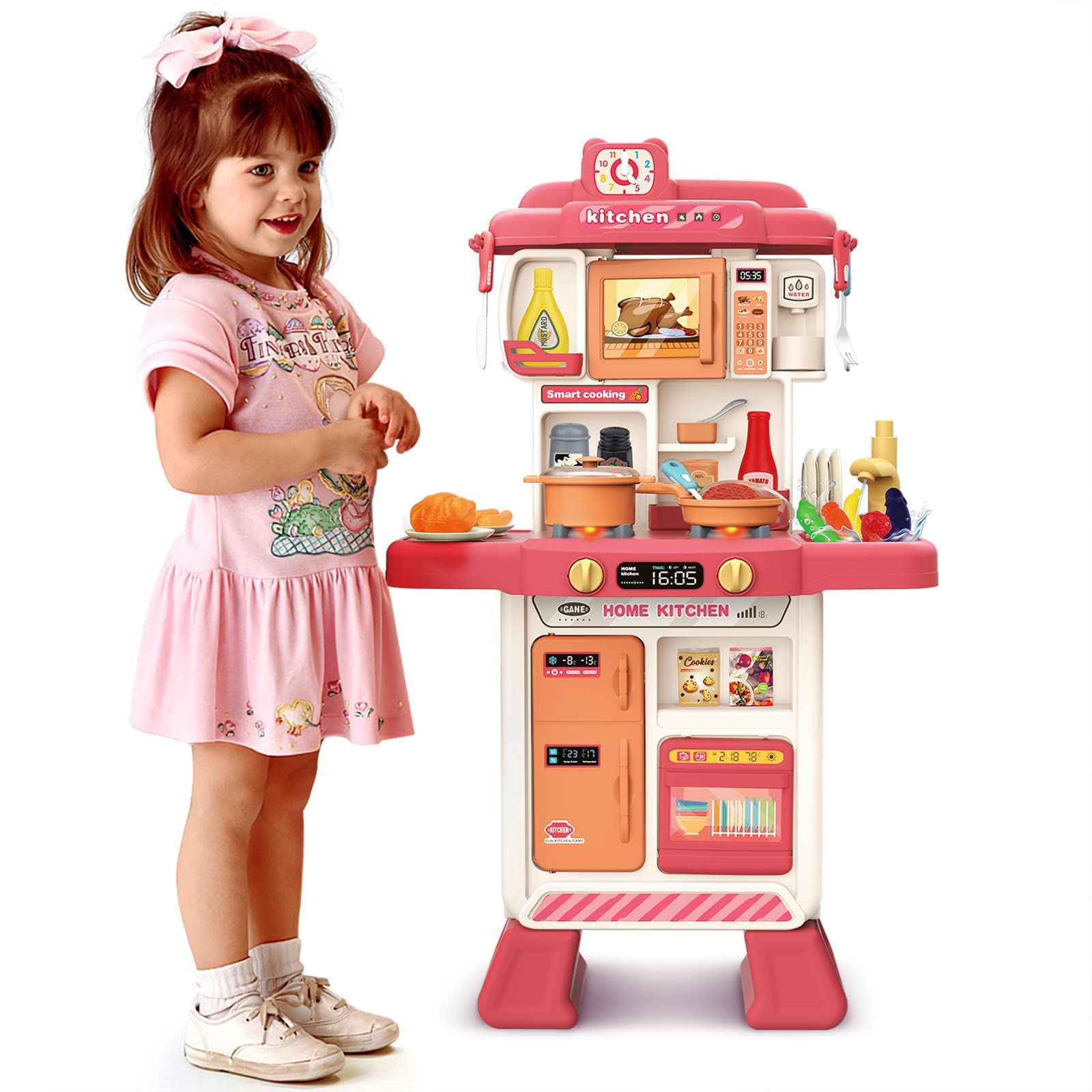 deAO Kids Kitchen Playset Toy with Sounds and Lights, Role Playing Game Pretend Food and Cooking Playset for Kids,35 PCS Kitchen Accessories Set for 3 4 5 Years Old Girls Boys