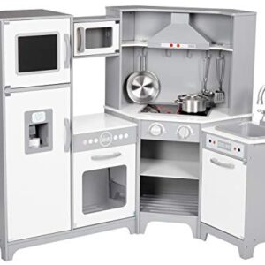 Amazon Basics Kids Corner Wooden Kitchen Toy Playset with Stove, Oven, Sink, Fridge and Accessories, for Toddlers, Preschoolers, Children Age 3+ Years, White & Gray, 39.37"L x 28.35"W x 35.04"H