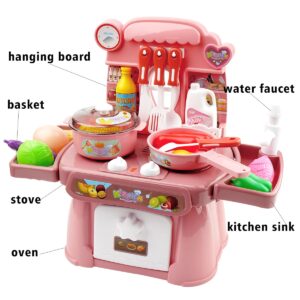 Kitchen Toys Imitated Chef Light Music Pretend Cooking Food Play Set Children Girl Toy Gift Fun Game Toy Kitchen Sink with Running Water and Electronic Induction Stove (blue kitchen and more food)