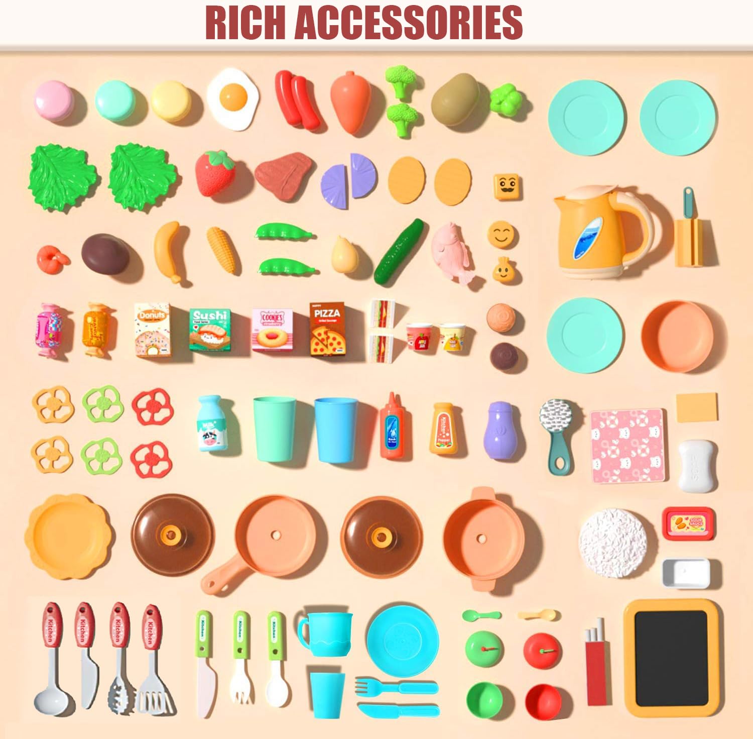 Play Kitchen- Kitchen Playset Pretend Food - Toy Accessories Set w/Real Sounds & Light, Play Sink, Cooking Stove with Steam, 88 PCS forToddlers Kids 37 inch