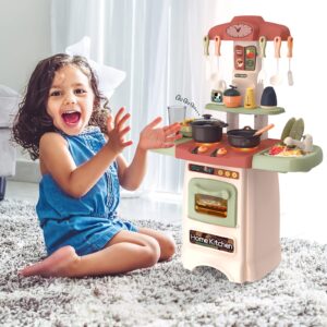 deAO Kitchen Toys for Kids Kitchen Playset Toy with Sounds and Lights Role Playing Game Pretend Food and Cooking Playset,26 PCS Kitchen Accessories Set for Girls Boys Kids