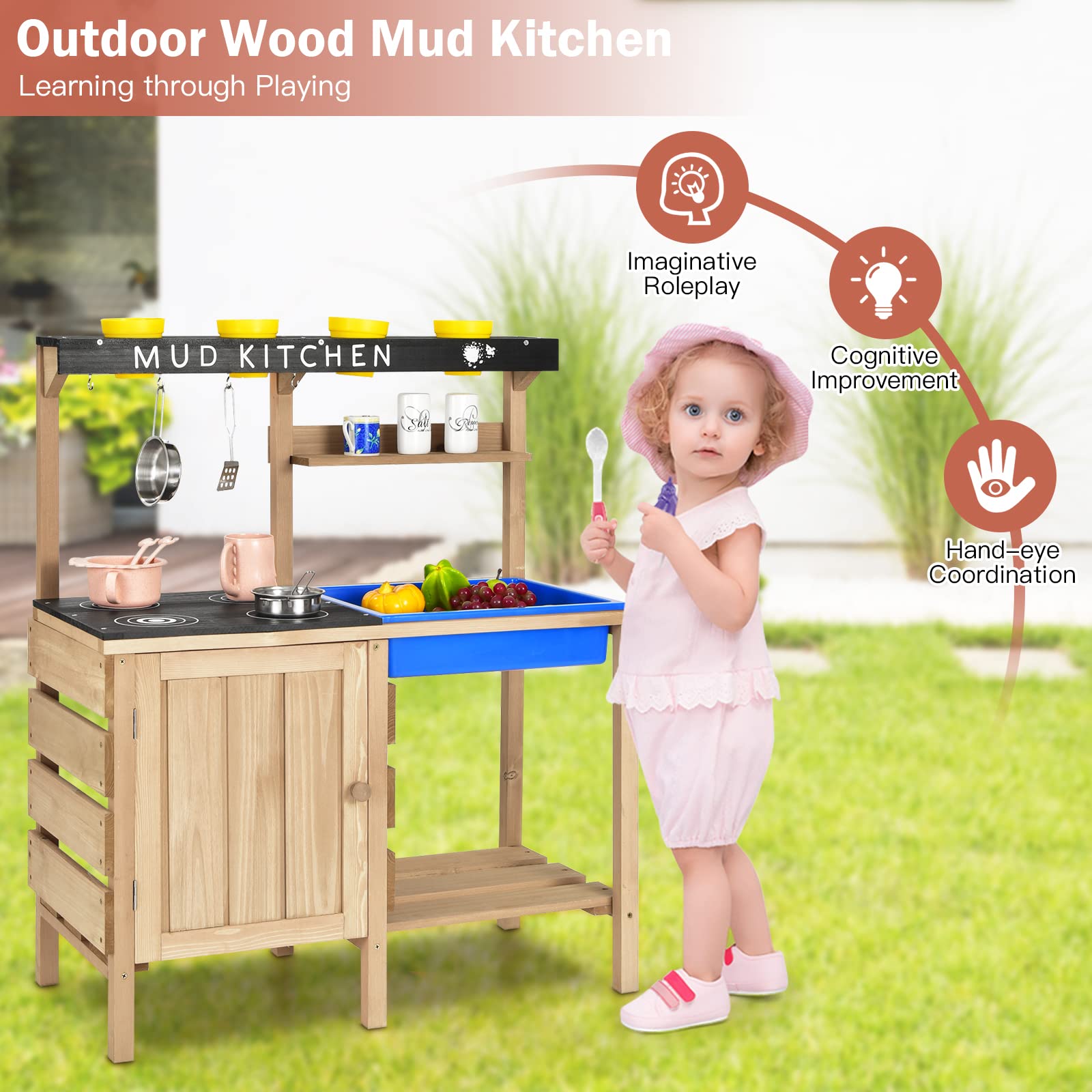 Costzon Mud Kitchen, Wooden Pretend Play Kitchen with Removable Sink, Stoves, Cooking Accessories, Backyard Garden Worktop Toy, Mud Kitchen for Kids Outdoor, Kids Kitchen Playset for Boys Girls 3+