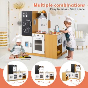 JOYLDIAS Kids Play Kitchen Set, Wooden Free Combination & Movable Pretend Toddler Kitchen Toy with Real Sound and Light, Ice Maker, Oven,Washer,Blackboard and Cookware Accessories for Age 3+ Toddlers