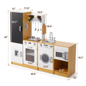 JOYLDIAS Kids Play Kitchen Set, Wooden Free Combination & Movable Pretend Toddler Kitchen Toy with Real Sound and Light, Ice Maker, Oven,Washer,Blackboard and Cookware Accessories for Age 3+ Toddlers