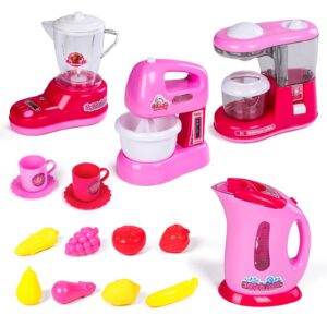 Kitchen Appliances Toy,Kids Kitchen Pretend Accessories Play Set,Coffee Maker Machine,Blender,Mixer and Kettle with Realistic Light and Sounds,Play Kitchen Set for Kids Boys Girls