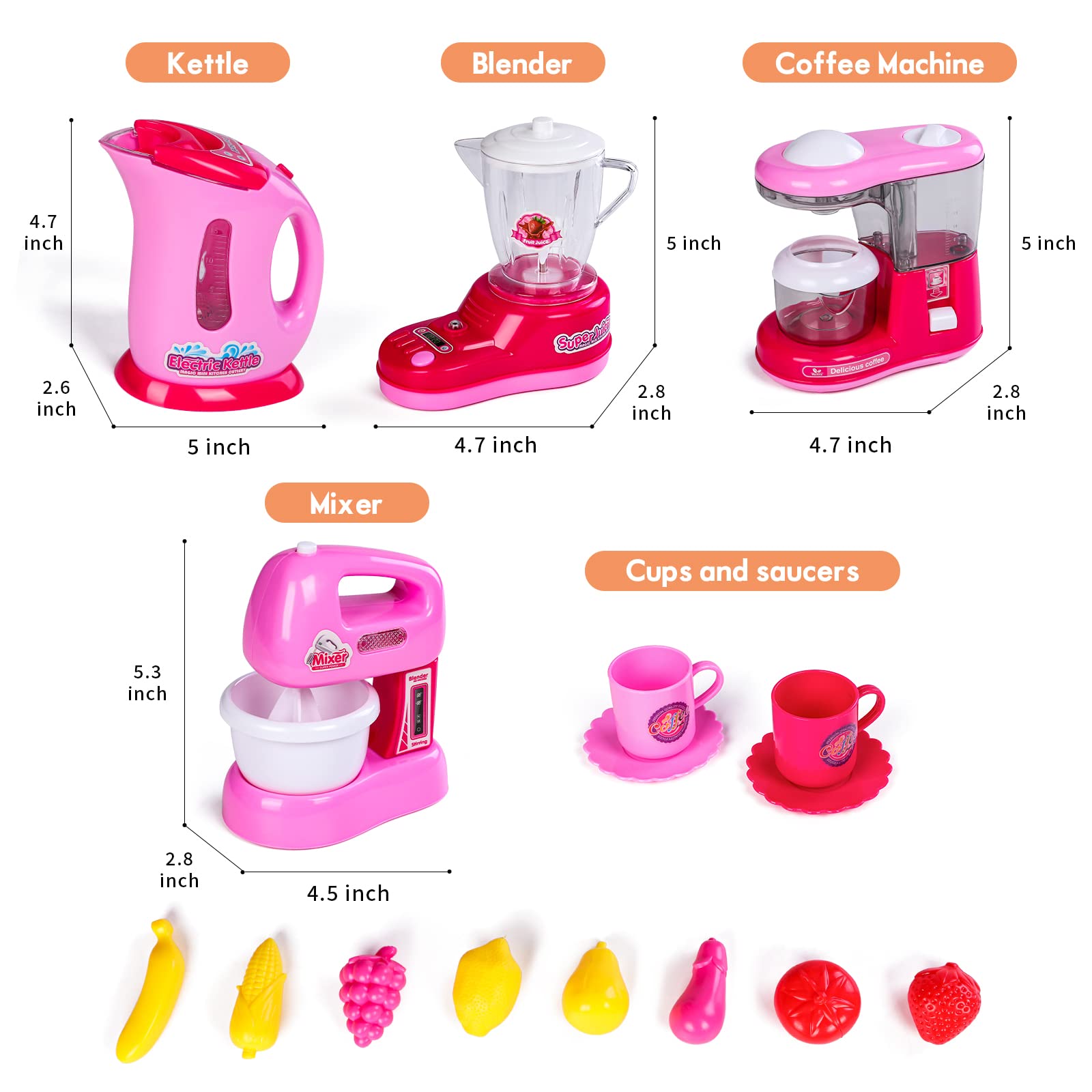 Kitchen Appliances Toy,Kids Kitchen Pretend Accessories Play Set,Coffee Maker Machine,Blender,Mixer and Kettle with Realistic Light and Sounds,Play Kitchen Set for Kids Boys Girls