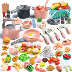 funpynani 130pcs kitchen playset, toddler pretend cooking play pots, pans, utensils cookware, daily food fruit veges, shopping storage basket, dessert, prop money, learning gift for child (pink)