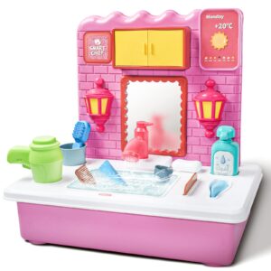 kid makeup set toys vanity for girl kids vanity set with mirror age 4-9 with real faucets water circulation pretend cosplay set suitable as gifts for 3-5 years old boys girls toddlers