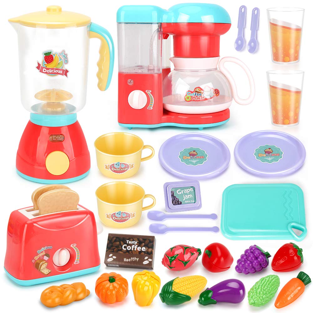 Kids Assorted Kitchen Appliance Toys, Pretend Kitchen Toy Set Includes Coffee Maker ,Blender and Toaster ,Cutting Play Food and Kitchen Utensils Accessories,Learning Gift for Toddlers Baby Girls Boys