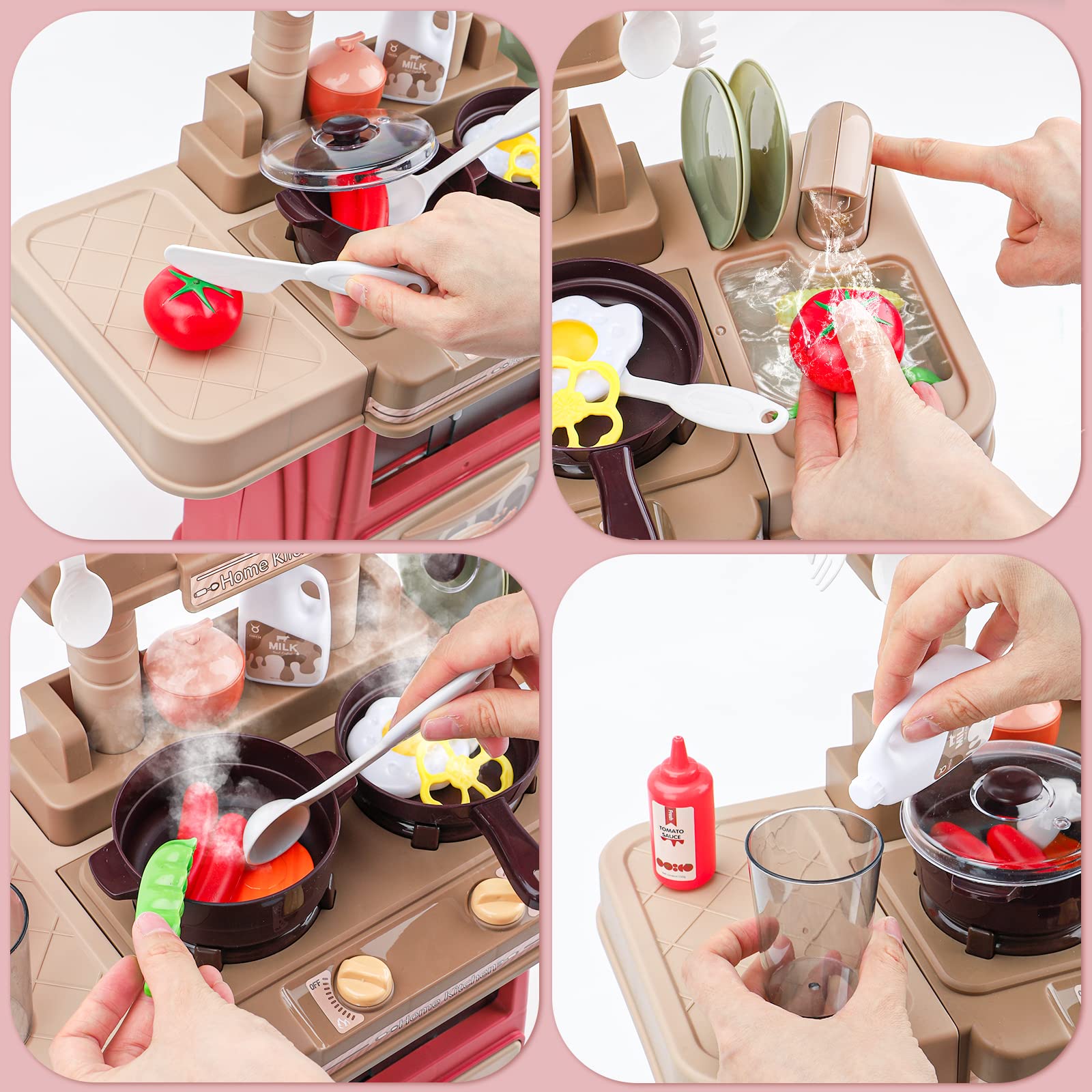 deAO Kitchen Toys for Kids Kitchen Playset Toy,Role Play Game Pretend Food and Cooking Playset (red)